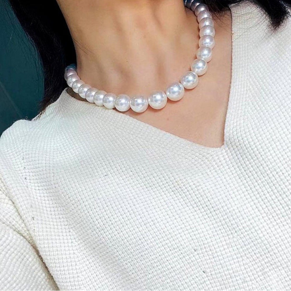 Glass Pearl Necklace for Women Round White Pearl Necklace Strand Pearl Jewelry